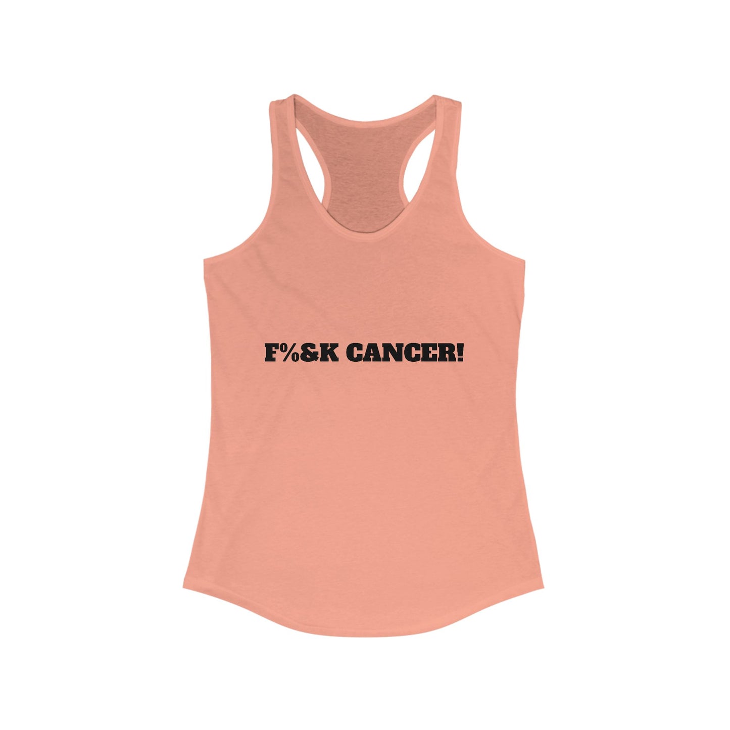 Front view of pink racerback tank top with bold 'Fck Cancer' message printed on chest