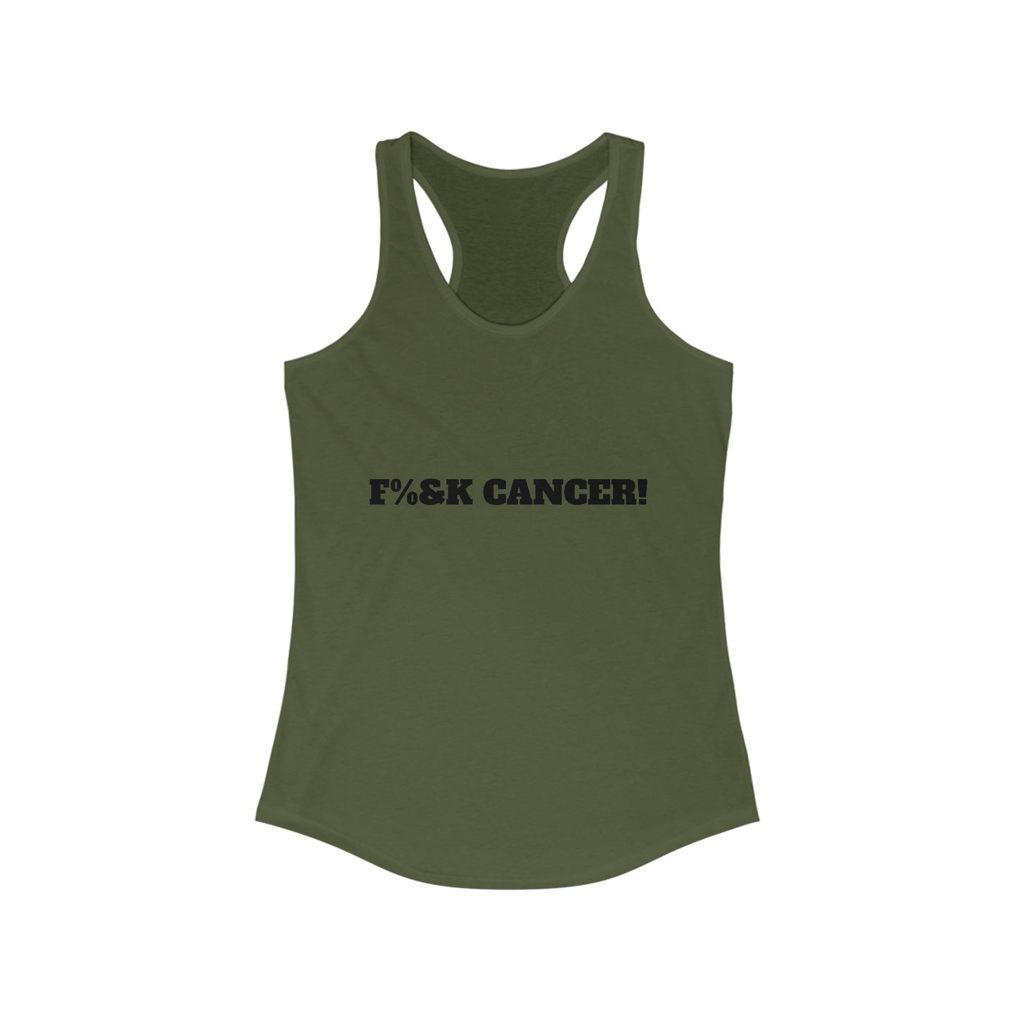 Front view of racerback tank top with bold 'Fck Cancer' message printed on chest