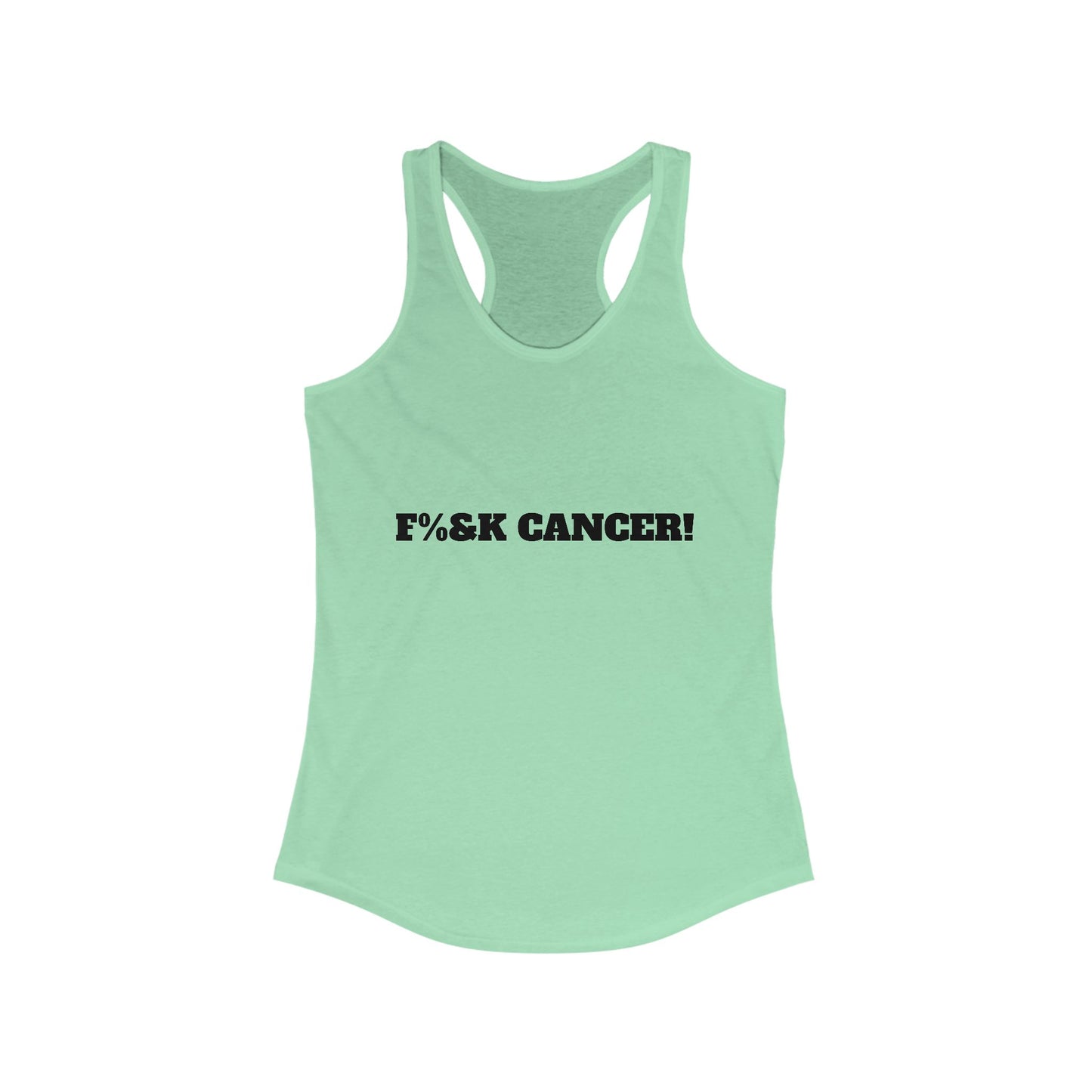 Front view of light blue racerback tank top with bold 'Fck Cancer' message printed on chest