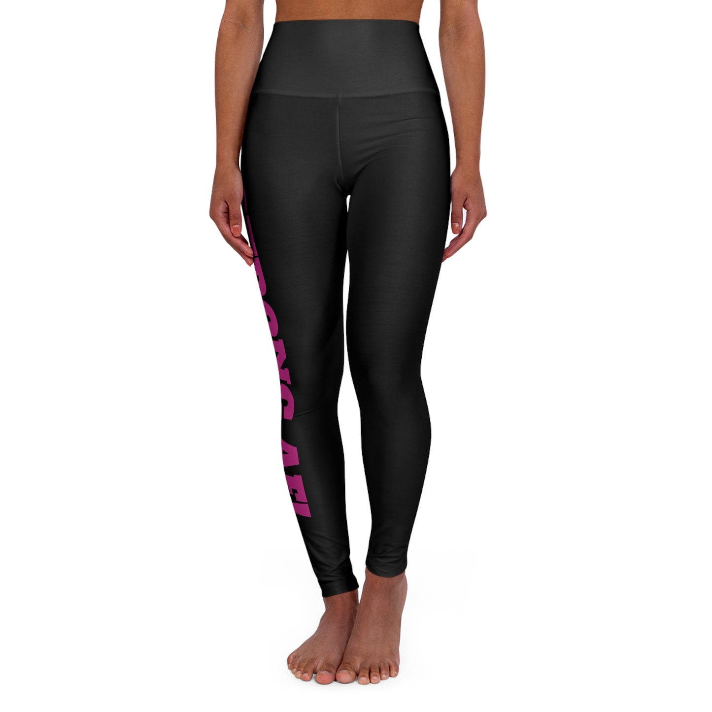 Women's black high-waisted workout leggings with bold pink 'STRONG AF!' text on left leg – fitness apparel for strong, confident women.