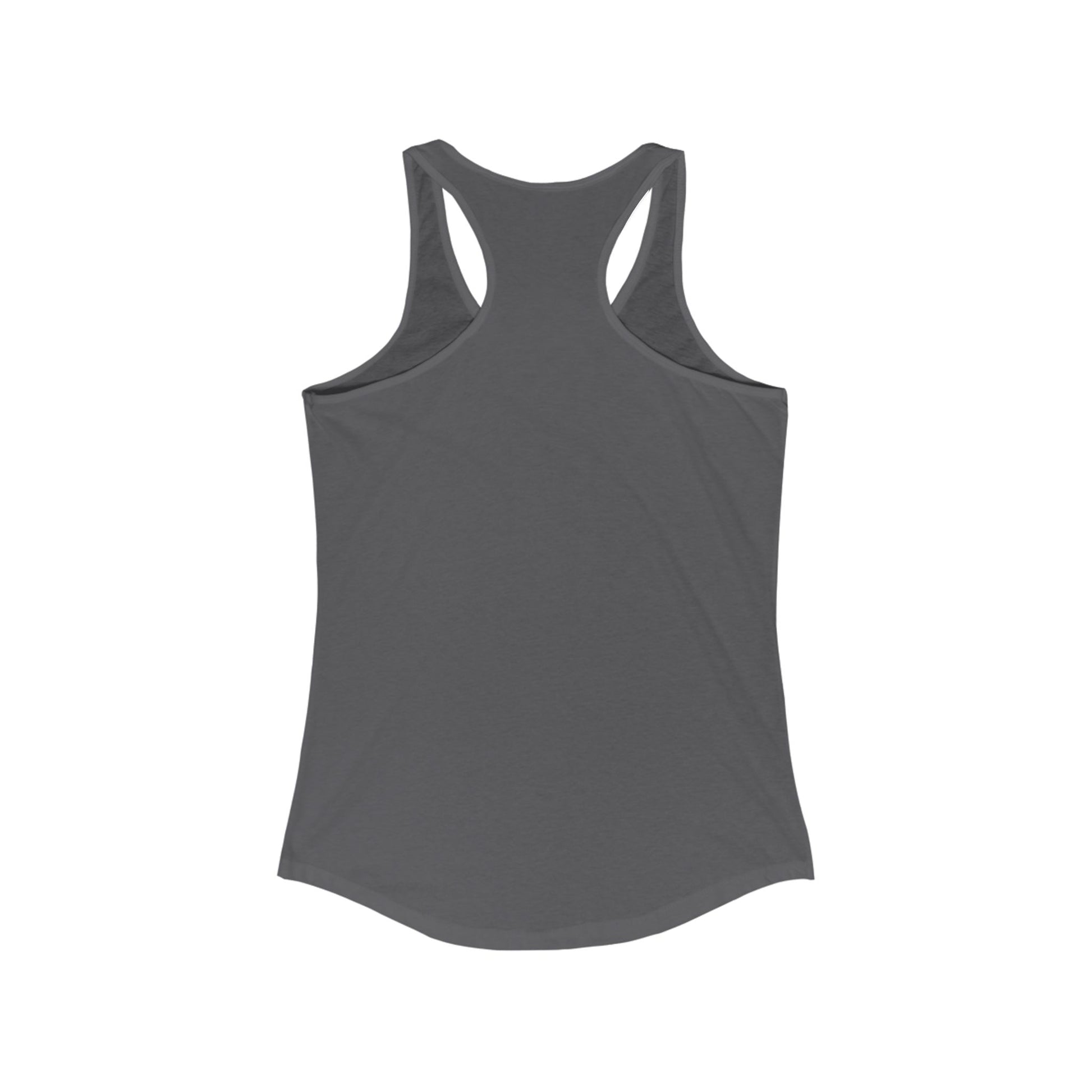 Back view of dark gray women’s racerback tank top showing comfortable cut and lightweight fabric