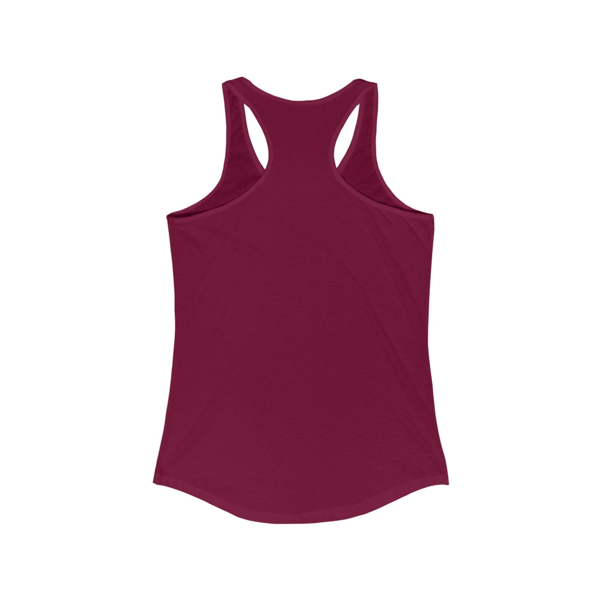 Back view of maroon women’s racerback tank top showing comfortable cut and lightweight fabric