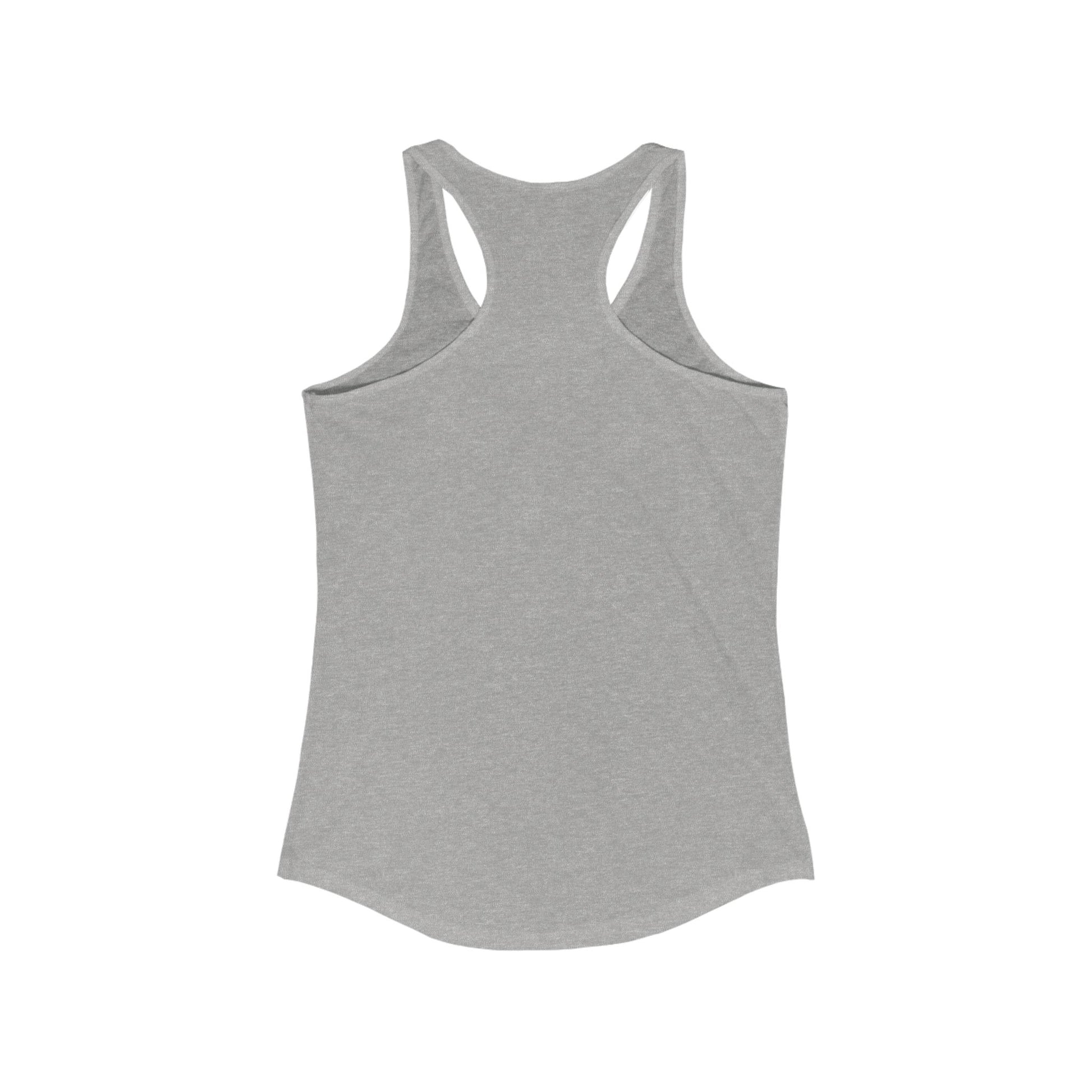 Back view of gray women’s racerback tank top showing comfortable cut and lightweight fabric