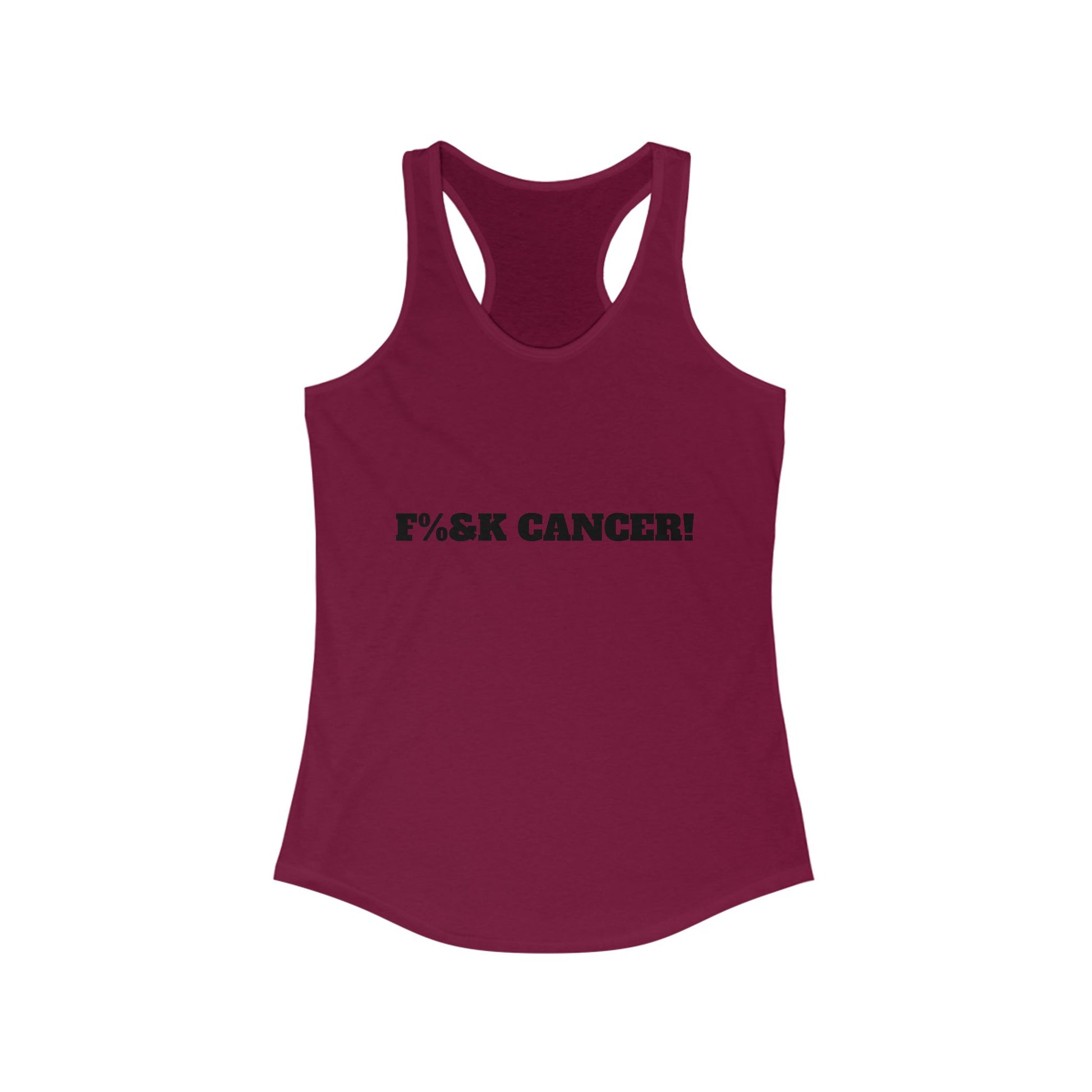 Front view of  racerback tank top with bold 'Fck Cancer' message printed on chest