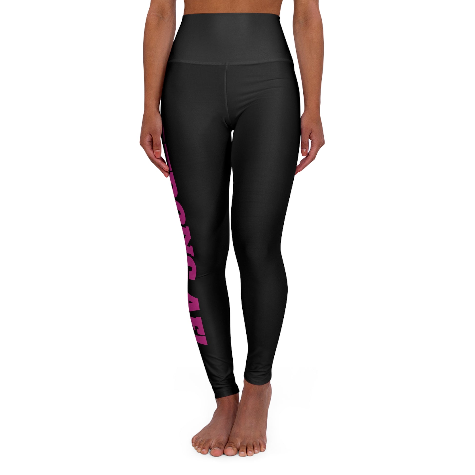 Women's black high-waisted workout leggings with bold pink 'STRONG AF!' text on left leg – fitness apparel for strong, confident women.